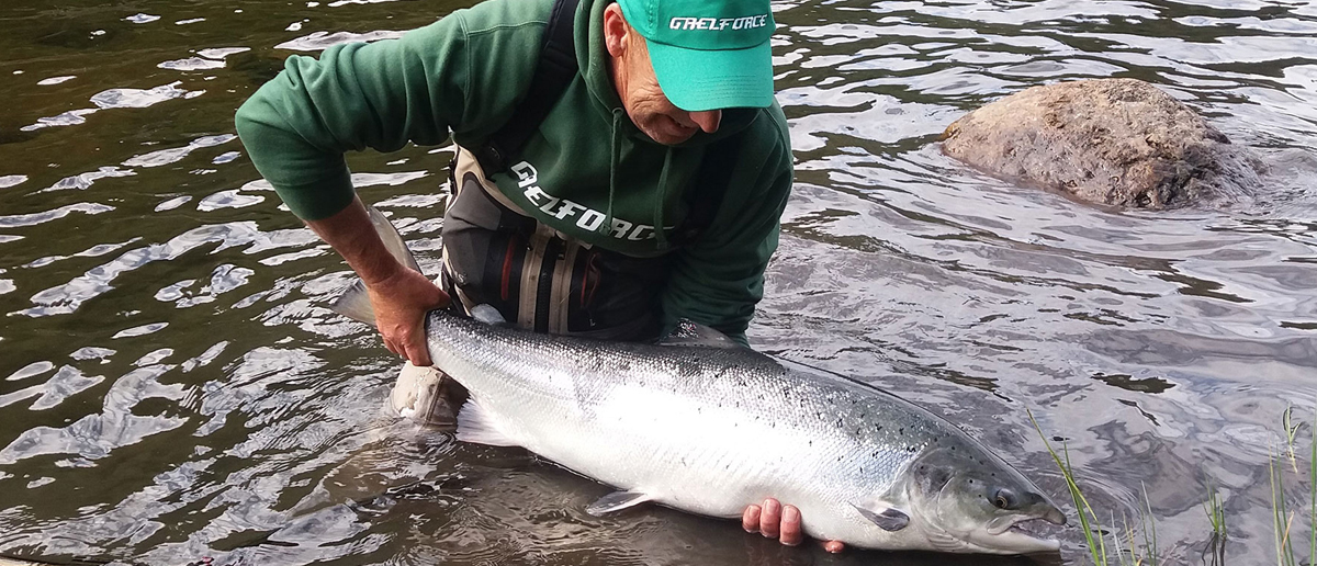 Gaelforce Gründer und Eigentümer James Chamers erfolgreich mit schönem Lachs - Schussköpfe und Fliegenschnüre mit Erfahrung und Entwickelt am Wasser